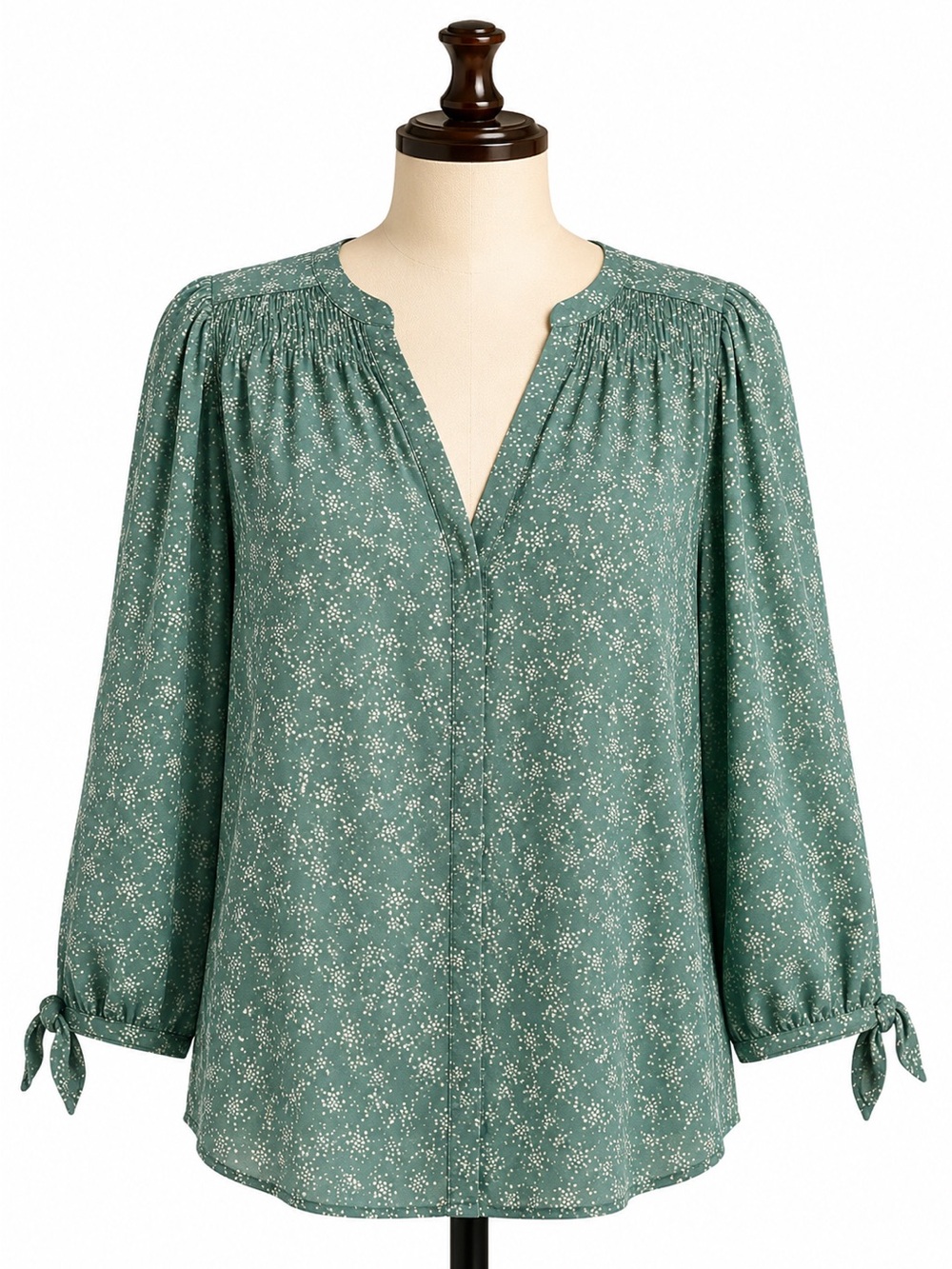 Monday Fun Plus Tie-Sleeve V-Neck Blouse in Forest Green XL
